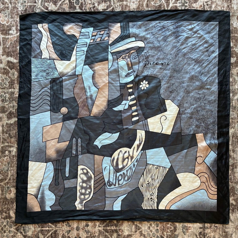 Vintage Picasso Cubist Portrait Large Square Scarf Black Gray Blue Abstract Art